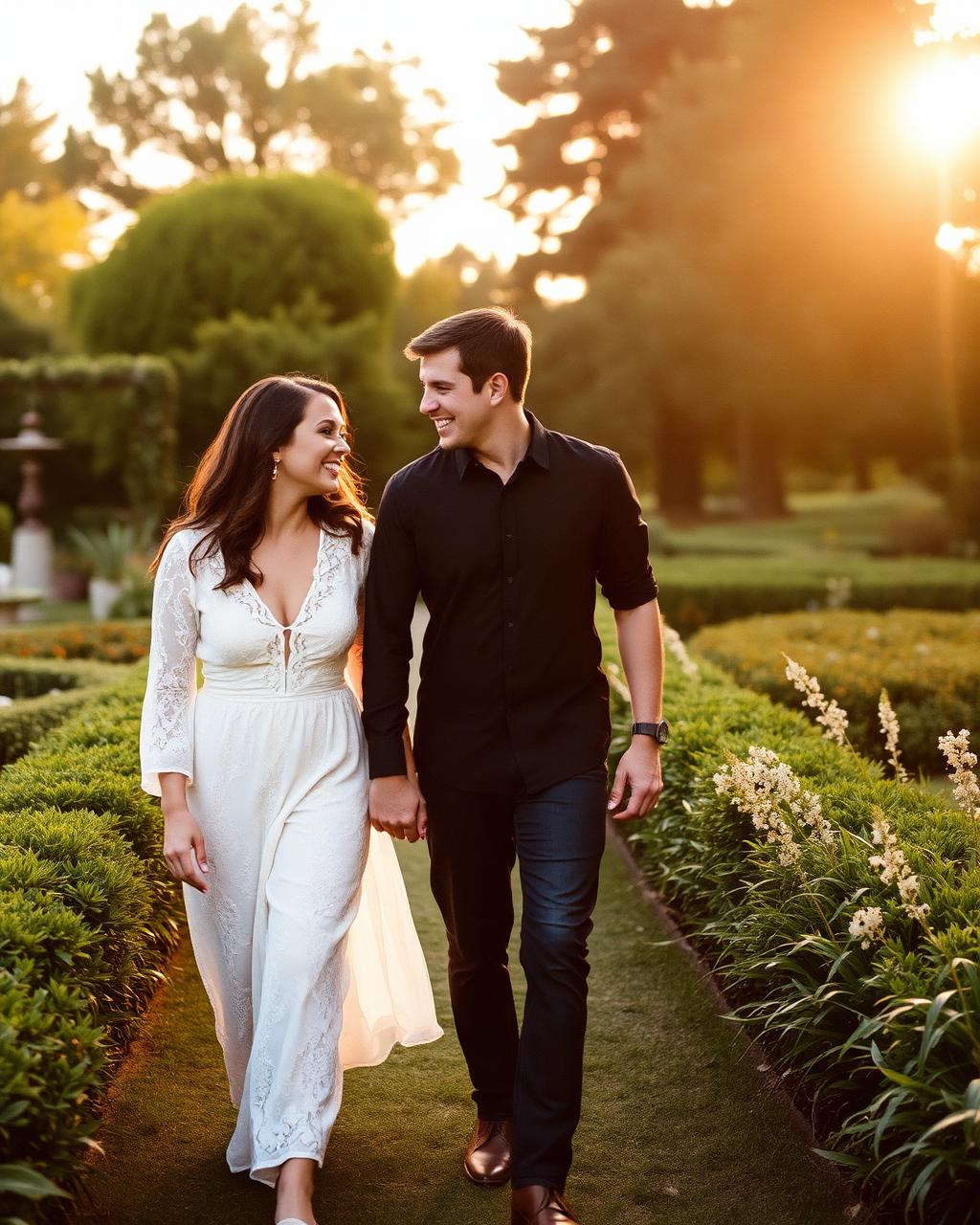 A couple walking hand in hand through a garden at golden hour