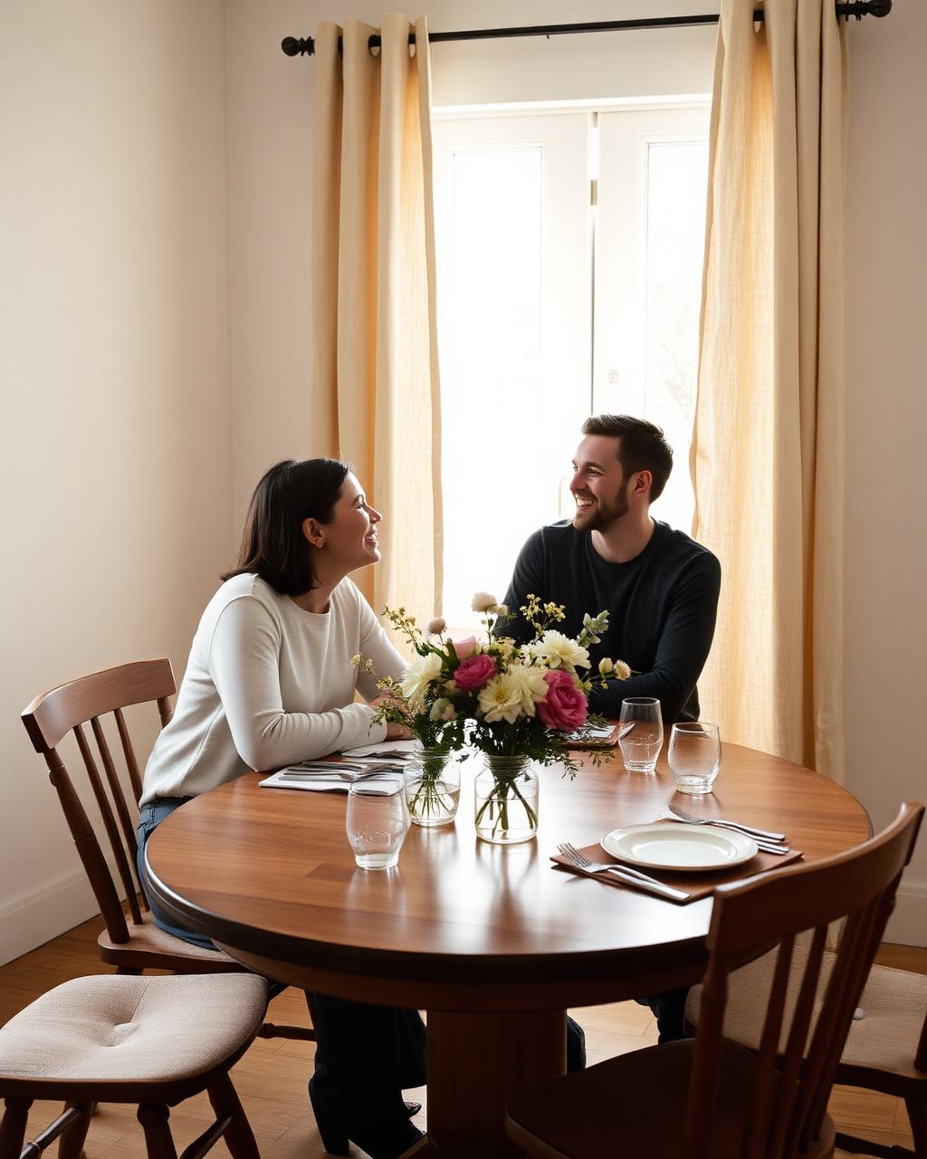 A couple laughing across a wooden dining table